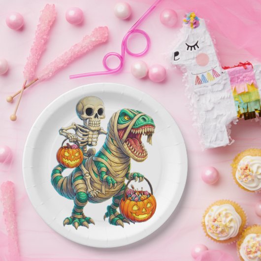 Whimsical Skeleton Riding Mummy T-Rex Halloween Papieren Bordje (Feest)