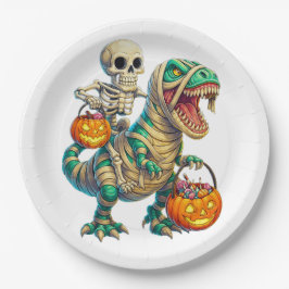 Whimsical Skeleton Riding Mummy T-Rex Halloween Papieren Bordje