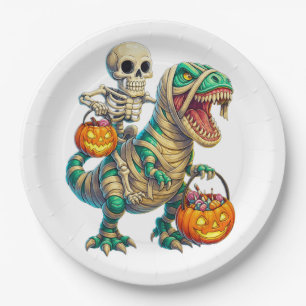 Whimsical Skeleton Riding Mummy T-Rex Halloween Papieren Bordje