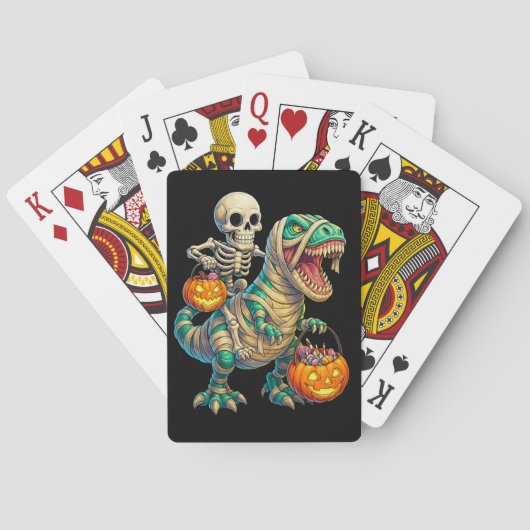 Whimsical Skeleton Riding Mummy T-Rex Halloween Pokerkaarten (Achterkant)
