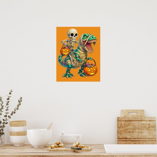Whimsical Skeleton Riding Mummy T-Rex Halloween Poster (Keuken)