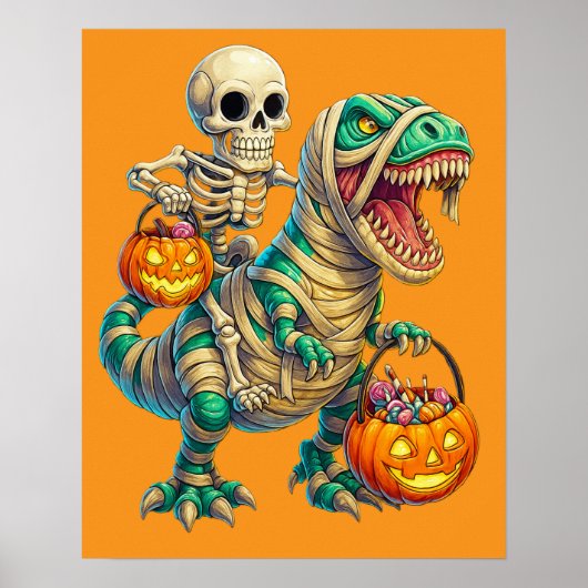 Whimsical Skeleton Riding Mummy T-Rex Halloween Poster (Voorkant)