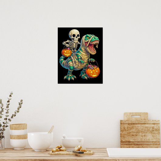 Whimsical Skeleton Riding Mummy T-Rex Halloween Poster (Keuken)