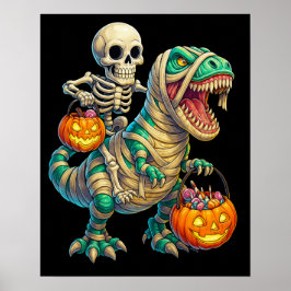 Whimsical Skeleton Riding Mummy T-Rex Halloween Poster