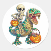 Whimsical Skeleton Riding Mummy T-Rex Halloween Ronde Sticker (Voorkant)