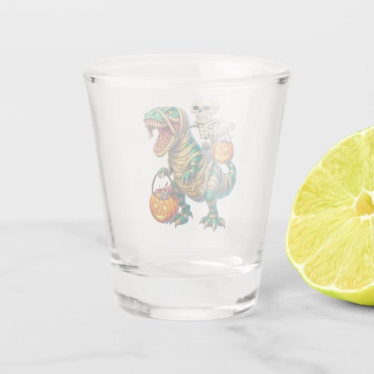 Whimsical Skeleton Riding Mummy T-Rex Halloween Shot Glas (Achterkant)