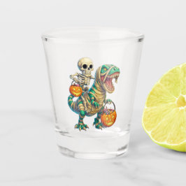 Whimsical Skeleton Riding Mummy T-Rex Halloween Shot Glas