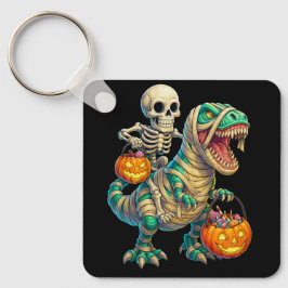 Whimsical Skeleton Riding Mummy T-Rex Halloween Sleutelhanger