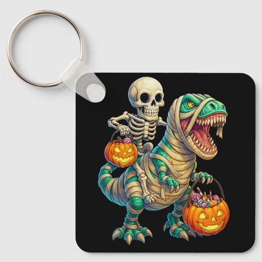 Whimsical Skeleton Riding Mummy T-Rex Halloween Sleutelhanger (Voorkant)