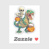 Whimsical Skeleton Riding Mummy T-Rex Halloween Sticker (Vel)