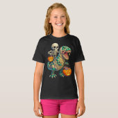 Whimsical Skeleton Riding Mummy T-Rex Halloween T-shirt (Voorkant volledig)