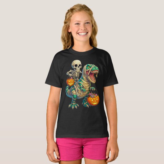 Whimsical Skeleton Riding Mummy T-Rex Halloween T-shirt (Voorkant volledig)