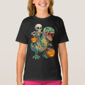 Whimsical Skeleton Riding Mummy T-Rex Halloween T-shirt (Voorkant)