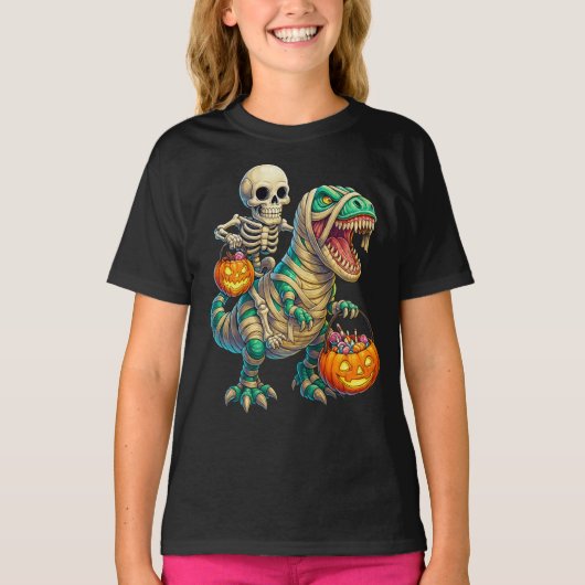 Whimsical Skeleton Riding Mummy T-Rex Halloween T-shirt (Voorkant)