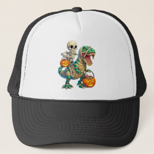 Whimsical Skeleton Riding Mummy T-Rex Halloween Trucker Pet