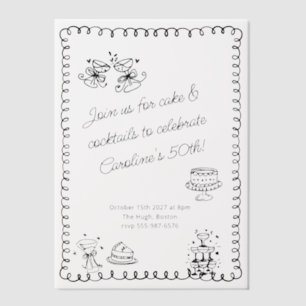 Whimsical Sketch Doodle Cake Cocktails Verjaardag Vellum Uitnodigingen