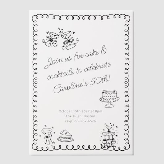 Whimsical Sketch Doodle Cake Cocktails Verjaardag Vellum Uitnodigingen (Voorkant)