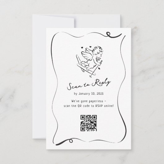 Whimsical Ski Cupid QR Code Wedding RSVP Kaartje (Voorkant)