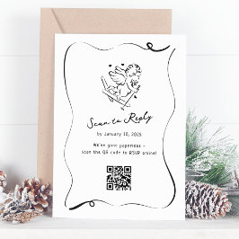 Whimsical Ski Cupid QR Code Wedding RSVP Kaartje