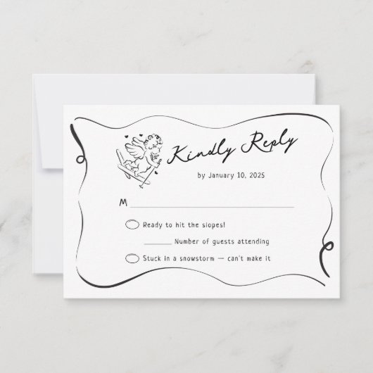 Whimsical Ski Cupid Winter Wedding RSVP Kaartje (Voorkant)
