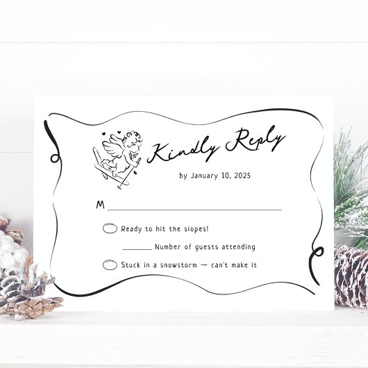 Whimsical Ski Cupid Winter Wedding RSVP Kaartje