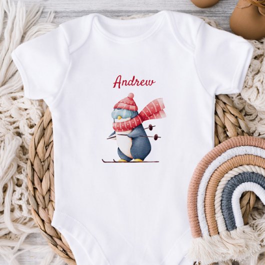 Whimsical Ski Penguin Baby Bodysuit