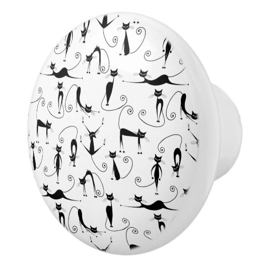 Whimsical Skinny Black Cat Patroon Keramische Knop (Rechts)