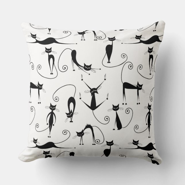 Whimsical Skinny Black Cat Patroon Kussen (Voorkant)