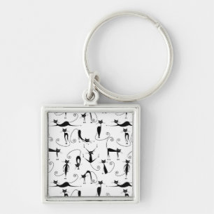Whimsical Skinny Black Cat Patroon Sleutelhanger