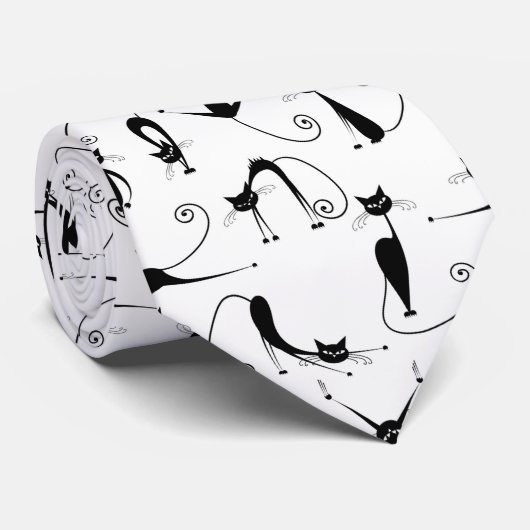 Whimsical Skinny Black Cat Patroon Stropdas (Opgerold)