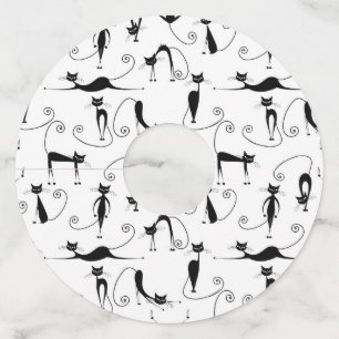 Whimsical Skinny Black Cat Patroon Wijnglaslabel