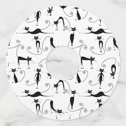 Whimsical Skinny Black Cat Patroon Wijnglaslabel (Voorkant)