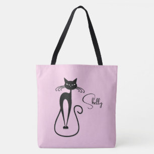 Whimsical Skinny Black Cat Personal Pink Tote Bag