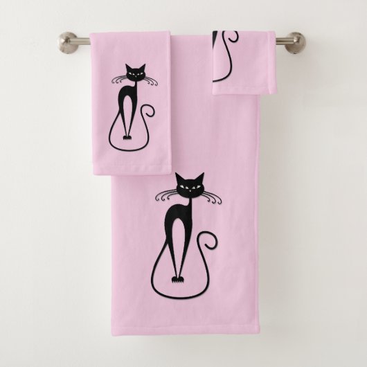 Whimsical Skinny Black Cat Roze Bad Handdoek (Insitu)