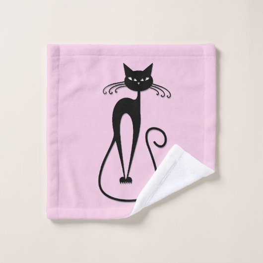 Whimsical Skinny Black Cat Roze Bad Handdoek (Wasdoekje)