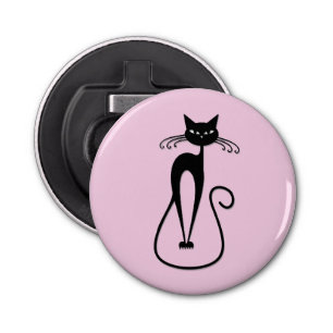 Whimsical Skinny Black Cat Roze Button Flesopener