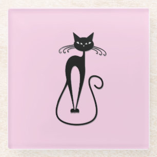 Whimsical Skinny Black Cat Roze Glazen Onderzetter