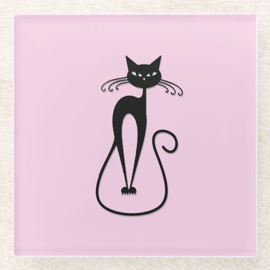 Whimsical Skinny Black Cat Roze Glazen Onderzetter (Voorkant)