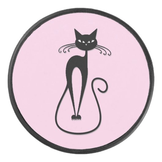 Whimsical Skinny Black Cat Roze Hockey Puck (Voorkant)