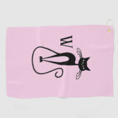 Whimsical Skinny Black Cat Roze Initiaal Golfhanddoek (Horizontaal)