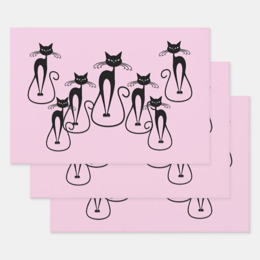 Whimsical Skinny Black Cat Roze Inpakpapier Vel (Set)