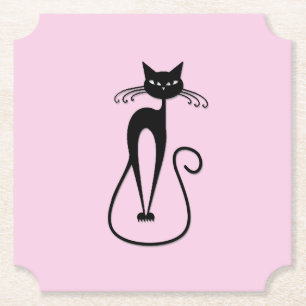 Whimsical Skinny Black Cat Roze Kartonnen Onderzetters