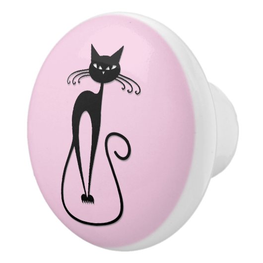 Whimsical Skinny Black Cat Roze Keramische Knop (Rechts)