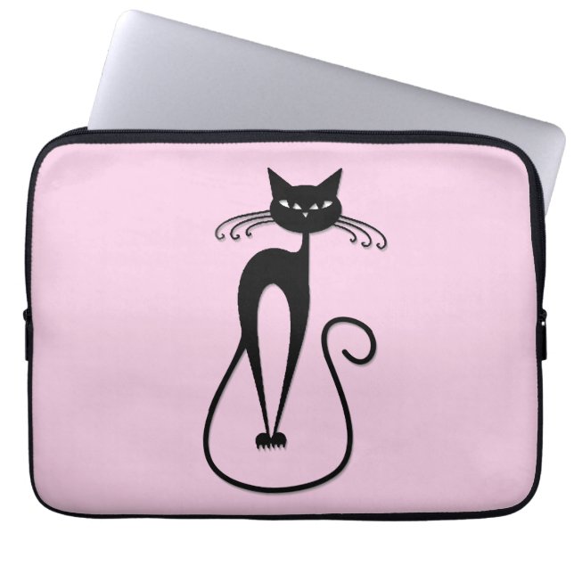 Whimsical Skinny Black Cat Roze Laptop Sleeve (Voorkant)