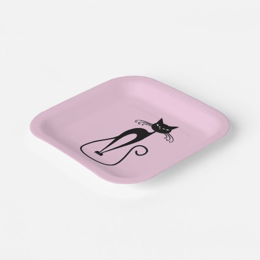 Whimsical Skinny Black Cat Roze Papieren Bordje (Gebogen)
