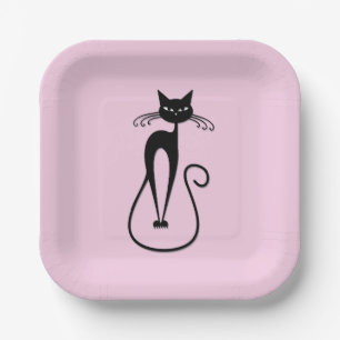 Whimsical Skinny Black Cat Roze Papieren Bordje