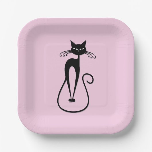 Whimsical Skinny Black Cat Roze Papieren Bordje (Voorkant)