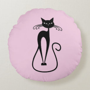 Whimsical Skinny Black Cat Roze Rond Kussen