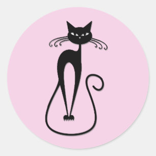 Whimsical Skinny Black Cat Roze Ronde Sticker