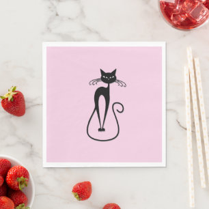 Whimsical Skinny Black Cat Roze Servet